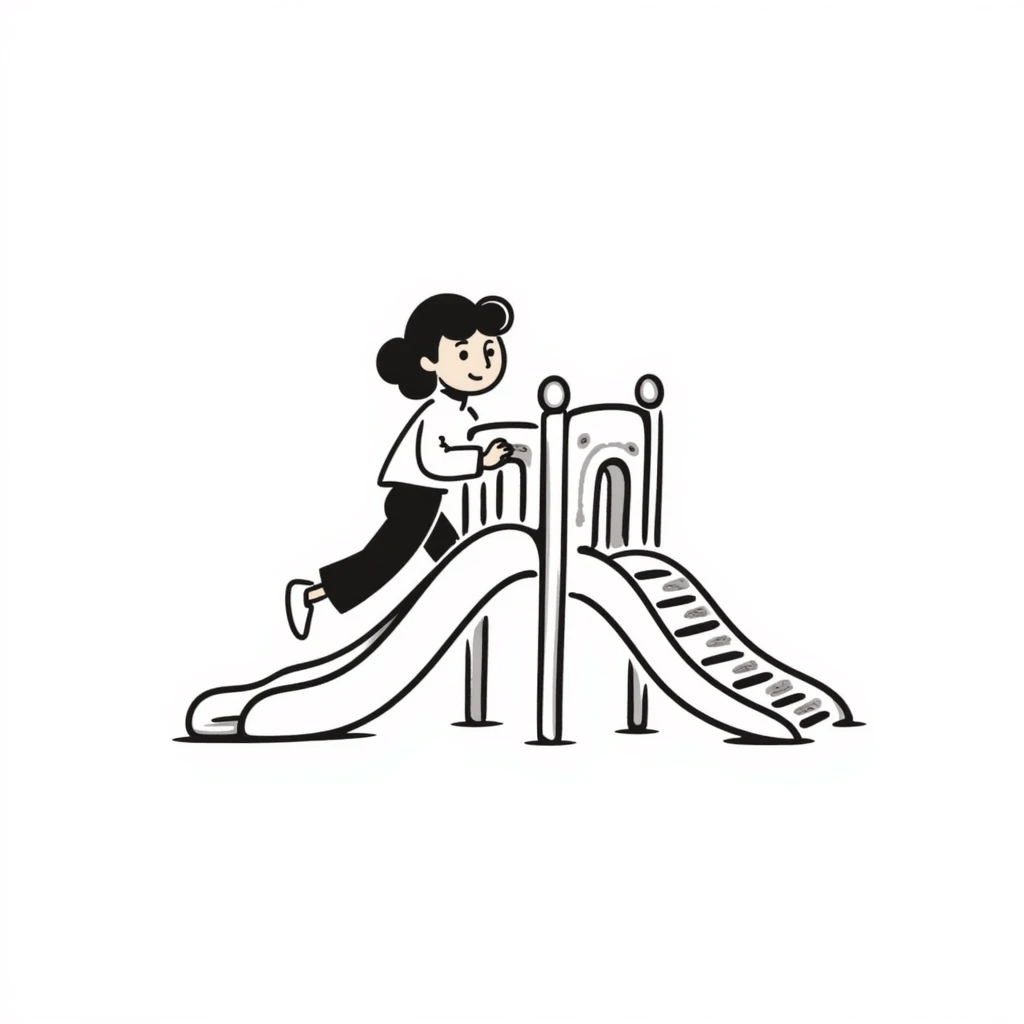 Children's playground slide with ladder in pastel colors (dd9fb0, ffc6d3, a3bfc9, c4bee2, f1b091), hand-drawn doodle style emoji