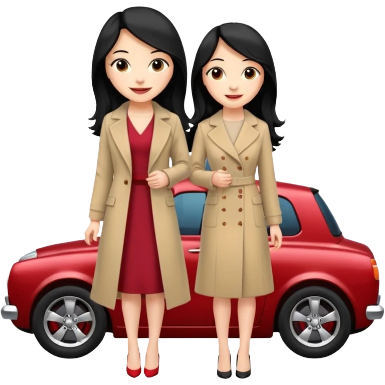 A fast, expensive black car with a young woman beside it The young woman has long black hair, wears a beige formal coat, and underneath is a cherry-colored dress.   emoji