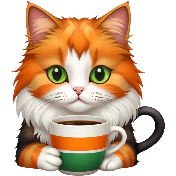 tricolor fluffy cat with big green eyes drinking a cup of coffee emoji