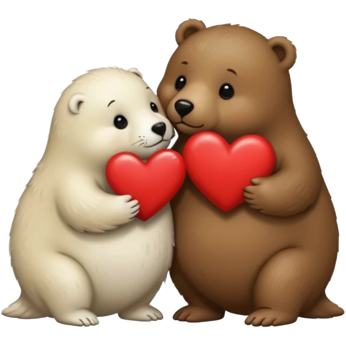 tiny white seal kissing a big brown bear with a heart between them emoji