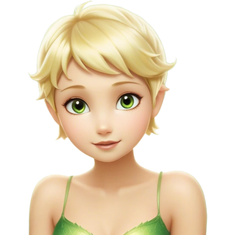Cinematic Realistic Blonde Tinker Bell Fairy Portrait, depicted with lifelike, delicate skin glowing with a subtle radiant aura, soft natural lighting accentuating her gentle features, and intricately detailed golden blonde hair styled in a whimsical pixie cut. Her iridescent, translucent wings shimmer with delicate fairy dust, and her expressive, sparkling eyes reflect a world of magic. Adorned in a subtle blend of woodland greens and soft pastel accents, the portrait exudes an enchanting glow that seamlessly merges realism with fairy charm. emoji
