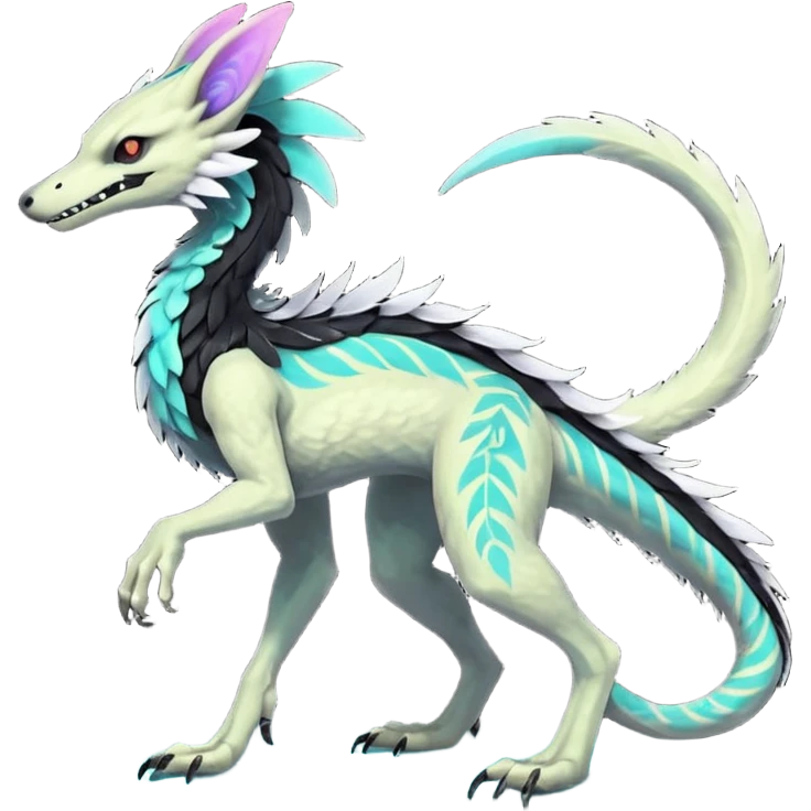 Rare glowing neon realistic tribal patterned whitish pastel colorful iridescent shiny glossy feathery epic handsome gorgeous aesthetic black-skulled Vernid-Trico-Sergal-Salandit-Nargacuga-species-Fakemon-creature by LiLaiRa, 4 legs, 1 tail, random markings, (full body) long ears emoji