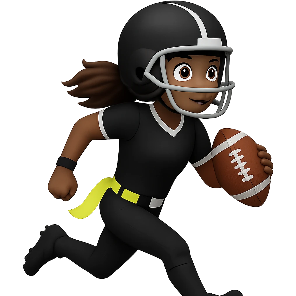 Create an emoji style image of a woman running with a football, wearing a helmet and an all black uniform with white accents. The only flag belt is lemon lime color, no other flags. She is holding one football. Keep the background transparent. emoji