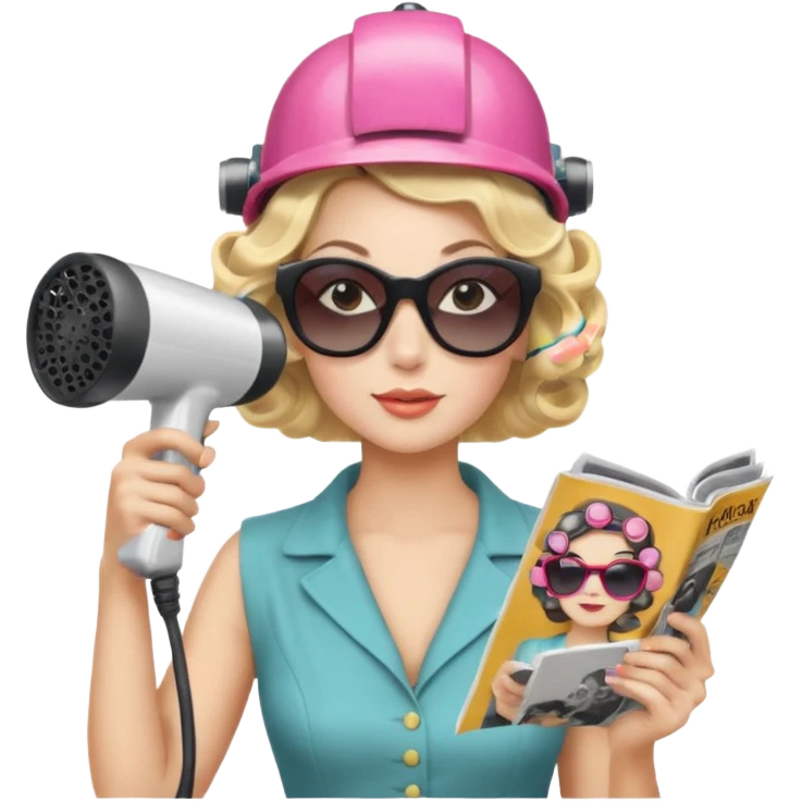Emoji de mujer con casco secador, gafas de sol, rulos y leyendo revista, estilo vintage chic emoji