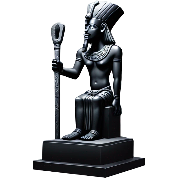 Osiris crook and flail obsidian statue on granite 30 ton brick, massive size, sunlight behind, sunset colors, reflections on black stone polished clean perfect, photography angles emoji