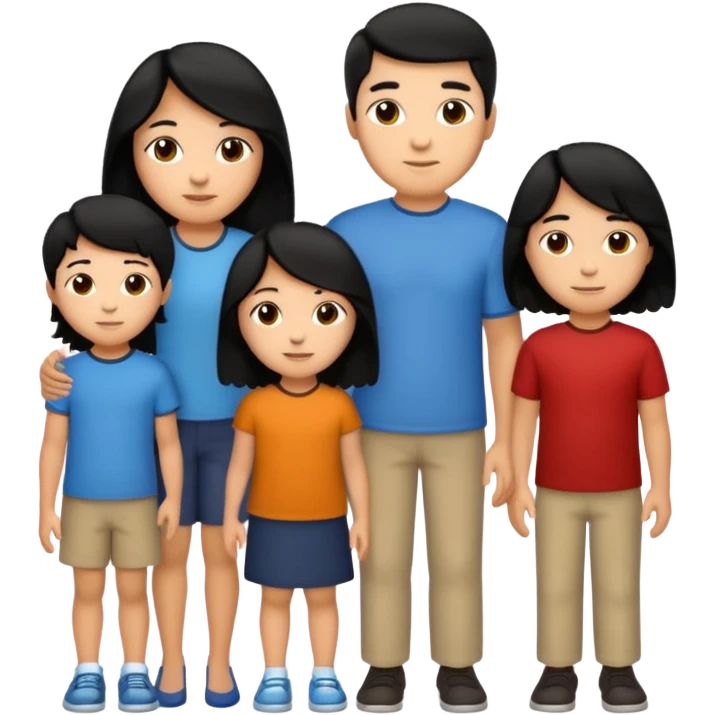 Hispanic family of five together: mom with long straight hair, dad with short curly hair, three kids—oldest 9-year-old boy with short hair, 6-year-old girl with long straight hair, 6-year-old boy with short hair (twins), apple emoji style emoji