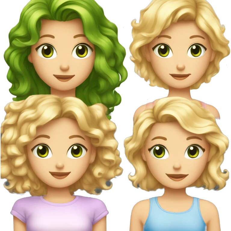 TRIO AVEC UNE FILLE AU cheveux mi-long blonde au yeux bleu + une fille avec les cheveux mi-long bouclé yeux brunc + une fille avec les cheveux legerement court ondulé avec les yeux vert  emoji