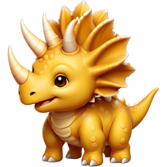 Cinematic Cute Triceratops Portrait Emoji, Head tilted playfully with a gentle smile, featuring a compact, sturdy body with three adorably prominent horns and a charmingly frilled head, Simplified yet irresistibly adorable features, highly detailed, glowing with a warm, inviting earthy glow, high shine, affectionate and lively, stylized with a touch of whimsical dinosaur charm, soft glowing outline, capturing the essence of a mischievous yet endearing Triceratops that seems as if it could trot out of the screen into your arms! emoji