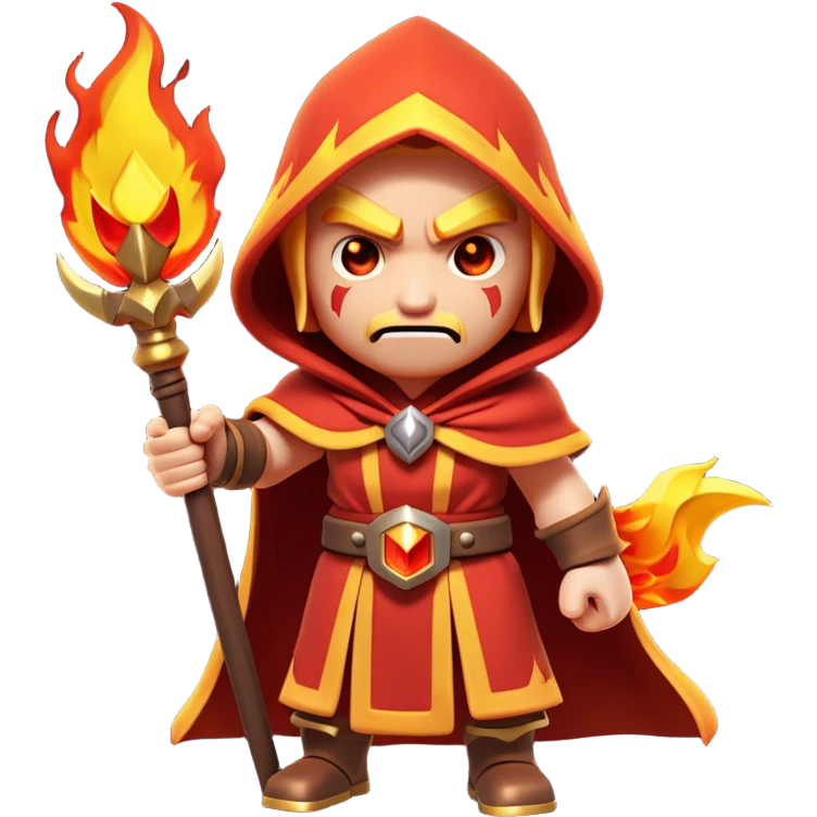 Clash of Clans aesthetic: Cinematic Ferocious Fire Mage Hero closeup Emoji, rendered in a 3D vector-style similar to standard emojis with minimal shading and bold, simplified shapes. A compact, isometric figure draped in flowing, charred and ember-lined robes, wielding a fiery staff crackling with intense flames. Eyes burning with an infernal glow, exuding raw, untamed power. Simplified yet unmistakably iconic, highly detailed and consistent, glowing with a fiery, molten radiance and high shine. Stylized with a touch of menacing sorcery and a searing, ember-infused outline, capturing the essence of a wrathful mage ready to unleash devastating fire magic! emoji