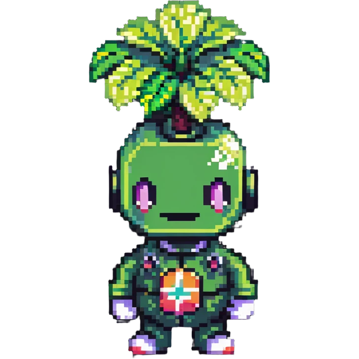 Green bomberman character, nature themed design, plant-like antenna, friendly expression, cute pixel art style emoji