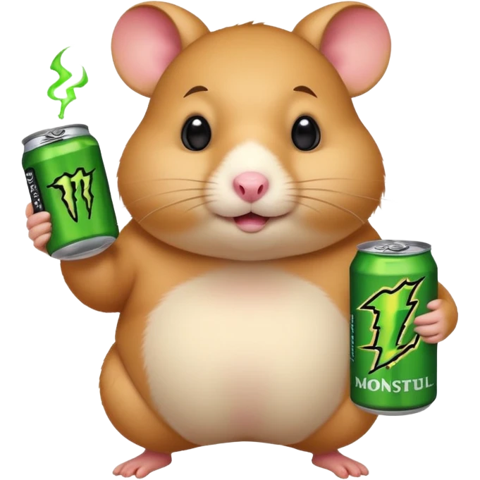 Funny cartoon-style fat hamster wide eyed like a crackhead holding a can of monster energy in one hand and redbull in the other hand emoji