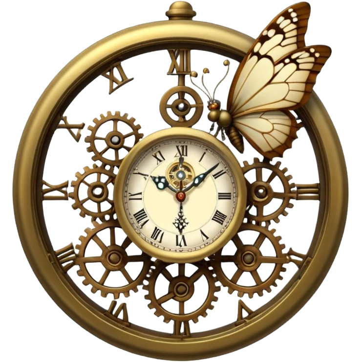 Steampunk ultra detailed clock with small butterfly sitting on top emoji