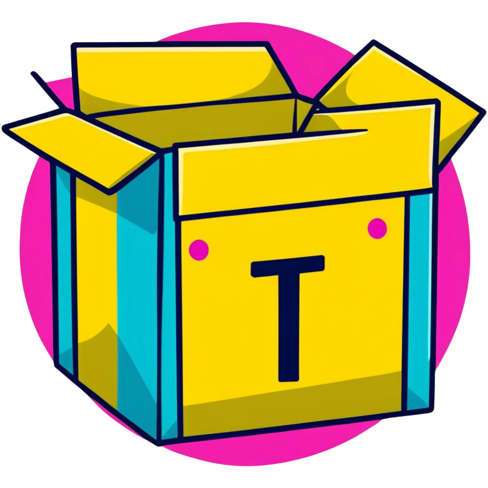 Minimalist sticker with white 'tt' letters on a black circle with cyan, magenta, and yellow dots below, shipping box with street style influence emoji