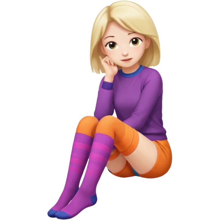 Cute girl thigh high socks sitting legs out, colorful clothes emoji