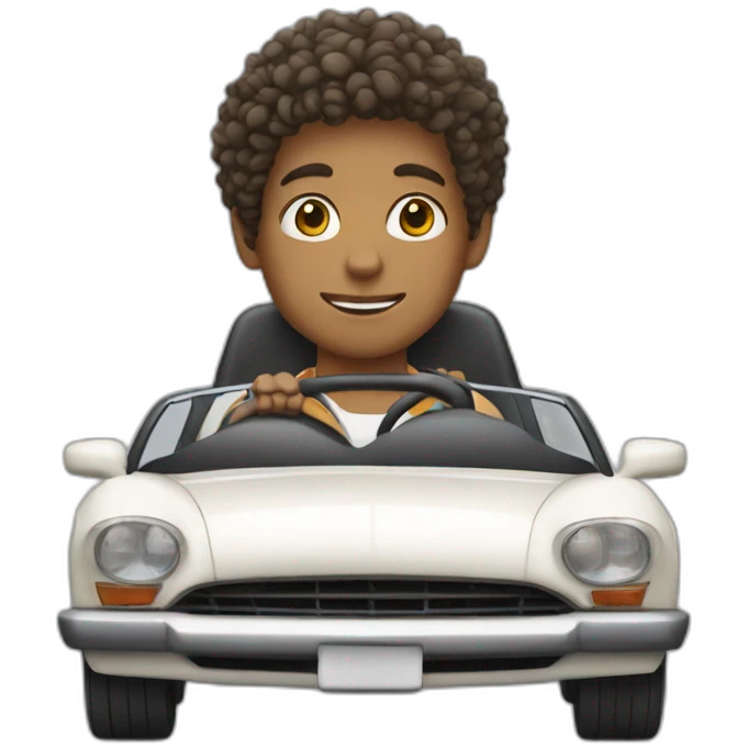 a boy with curly hair driving a car emoji