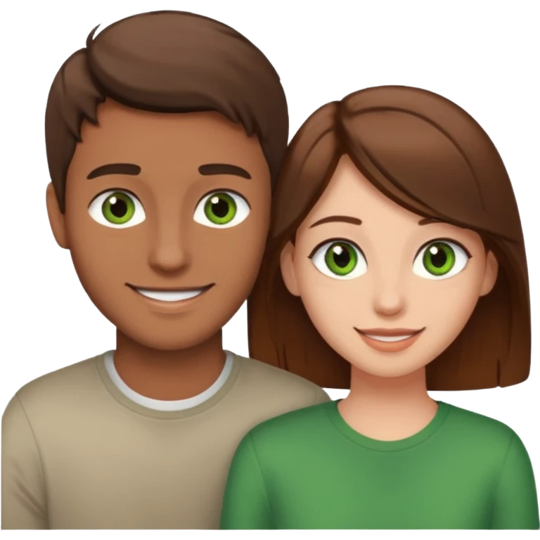 A boyfriend with light brown hair and green eyes next to his girlfriend with dark brown hair and brown eyes emoji