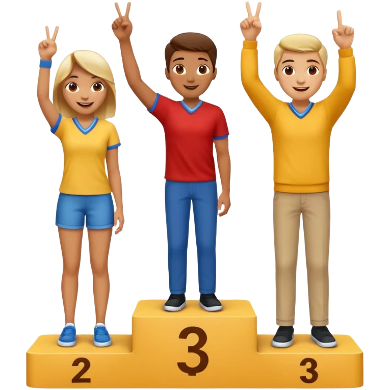 three casually dressed people on a winners podium with no numbers, middle step higher, each on their step, center person holds up one finger on each hand, fun expressive cheerful emoji style emoji