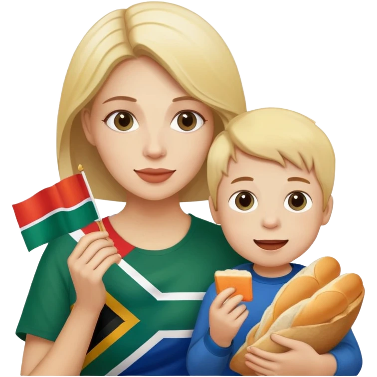 Lady with son eating white bread and holding South African flag  emoji