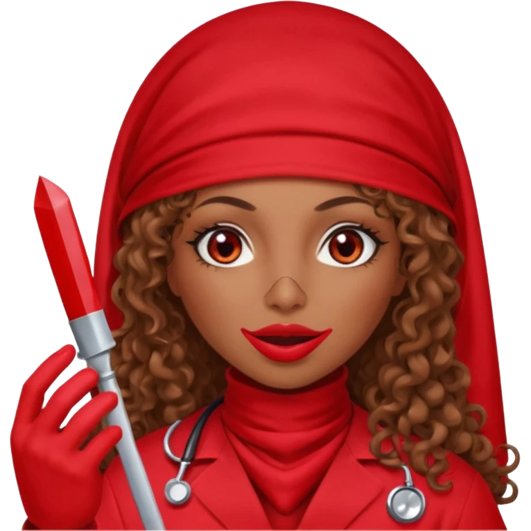 Lilith scalpel in hand, evil surgeon sexy surgeon clothes.  She has red eyes. She brown long curly hair. Wears sexy doctor outfit with red gloves. Covers mouth necknose with red burka to hide her identity emoji