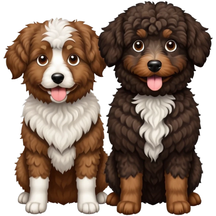 2 dogs, one is a brown Aussie doodle. the other is a black Berenedoodle with white eyebrows . Make both same size emoji
