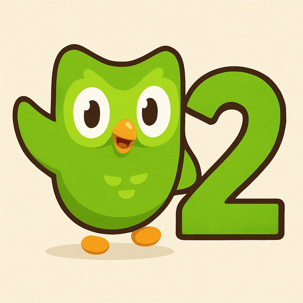 Duolingo-inspired icon with bold number 2, signature green and white palette, soft edges, cheerful vibe emoji