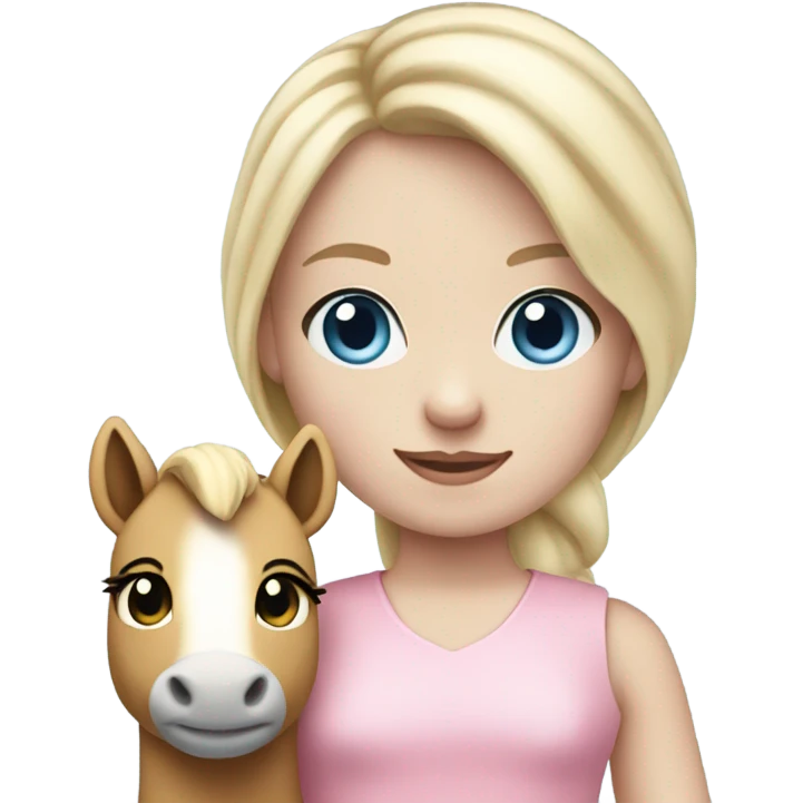Blonde, pale skin, blue eyes girl wearing a pink dress holding her pony stuffed animal. emoji