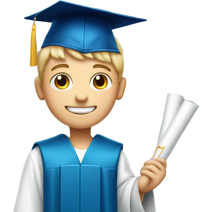 a happy boy with blue eyes and white skin wearing graduation cap while holding a diploma in his right hand  emoji