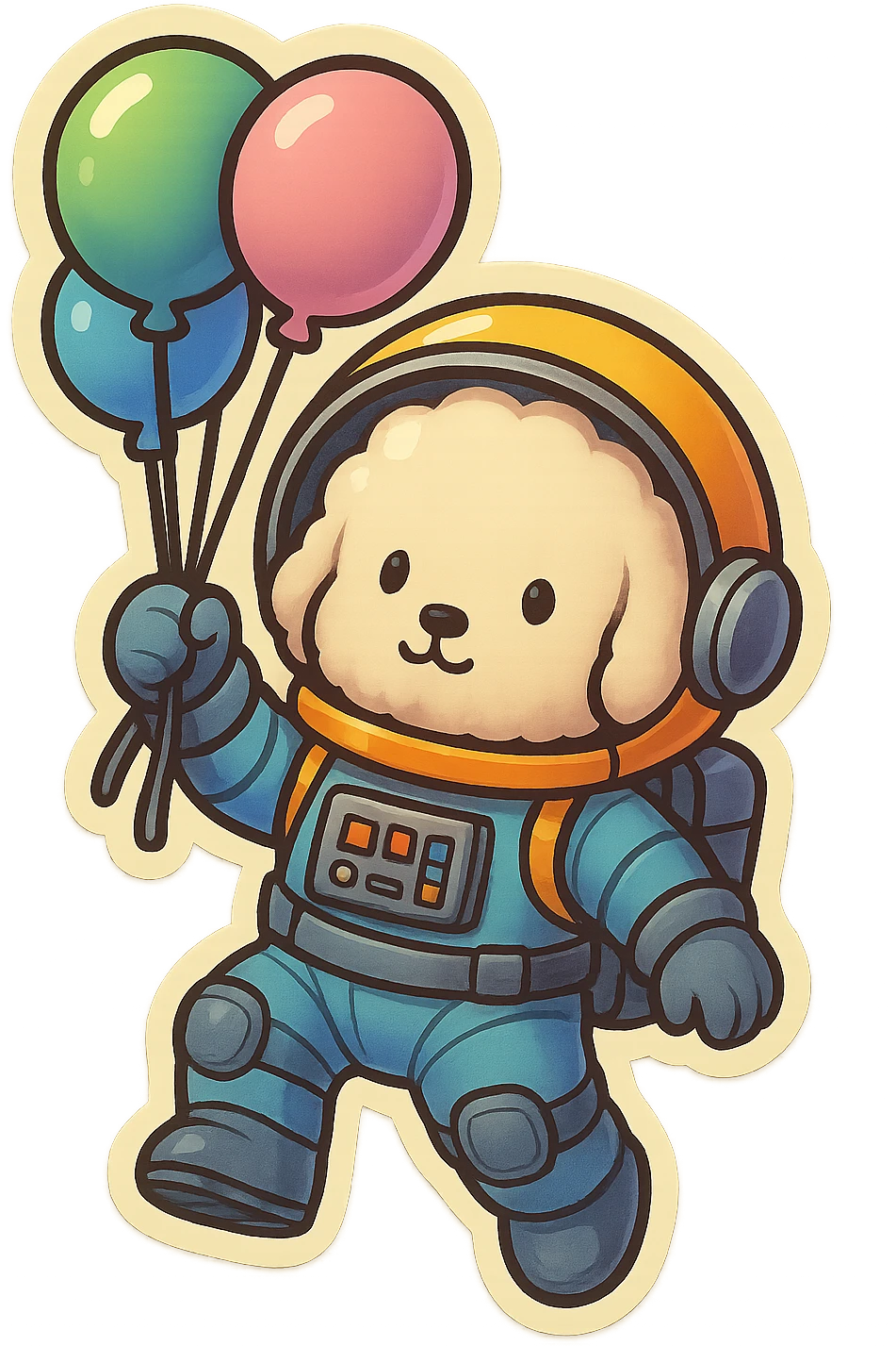 Transform the dog's outfit into a classic astronaut suit with a more robust helmet, gloves, boots, and panels on the suit, while keeping the cute style and the white sticker border. emoji