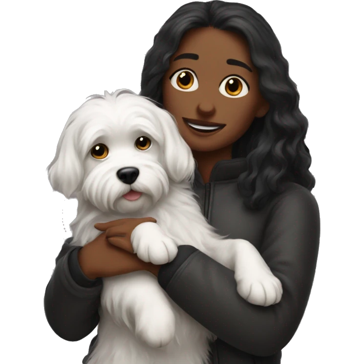 Dark-red-haired girl hugs  her maltese black dog emoji