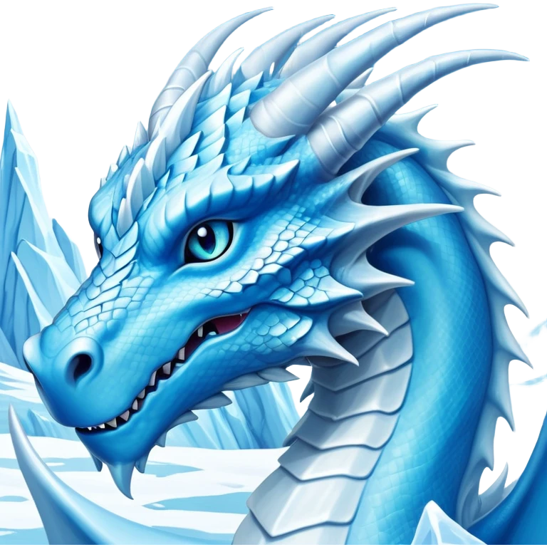 Cinematic Noble elegant Ice Dragon Portrait Emoji, Poised and imposing, distinct long elegant snout, with a slender, scaled body shimmering in glacial hues of icy blue, frostbitten silver, and crystalline white, breathing out frost, with piercing, glowing ice blue white eyes that radiate the chilling depths of an arctic storm; rendered in detail. excuding wisdom emoji