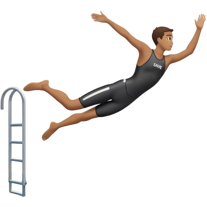 A diver mid-air after jumping off a head diving pool,  Below him, a pool labeled "Confidence". A subtle 5-4-3-2-1 on the diving board shows they took the leap despite fear. emoji