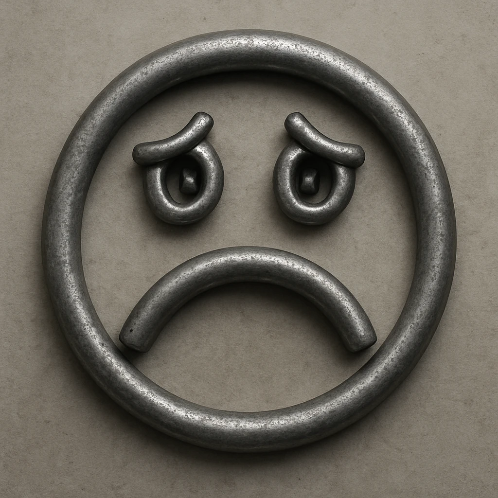 a sad smiley face shaped from a bent metal pipe, metallic texture, expressive eyes and frown, simple background emoji