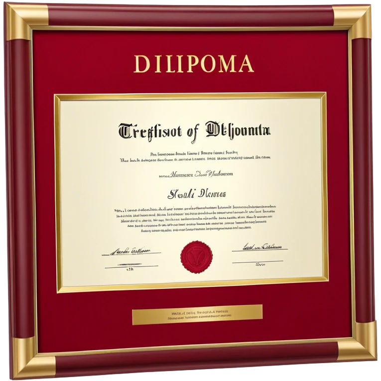  prestigious red diploma cover with gold embossed text on the front. The cover is slightly open, revealing a white certificate inside. The gold lettering glows subtly, giving it an elegant and official look. The diploma is placed at a slight angle for a professional appearance. The background is plain white emoji