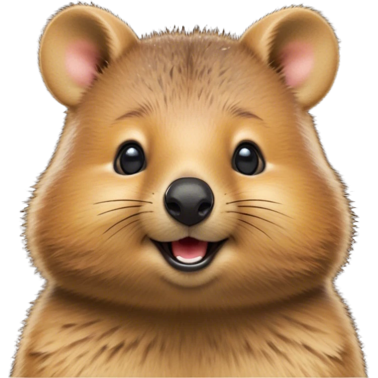 Cinematic Cute Quokka Portrait Emoji, Head tilted playfully and inquisitively, featuring a fluffy, round face with a naturally cheerful grin and bright, sparkling eyes full of playful curiosity, Simplified yet irresistibly adorable features, highly detailed, glowing with a warm, friendly glow, high shine, affectionate and spirited, stylized with a touch of Aussie whimsy, bright and endearing, soft glowing outline, capturing the essence of a mischievous yet loving quokka, so playful it feels like it could scamper out of the screen and into your arms! emoji