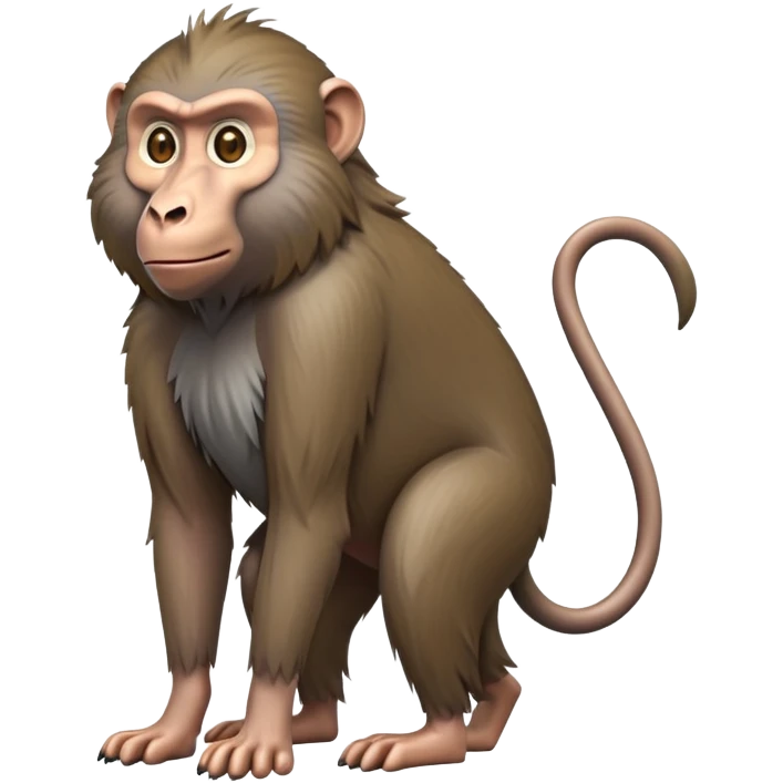 cinematic-hairy baboon-full-body-standing on all fours-emoji,-head-tilted-dramatically,-thick-grey-and-brown-fur,-simplified-yet-realistic-focused-features,-highly-detailed,-glowing-with-an-almost-sarcastic-glow expressive eyes emoji