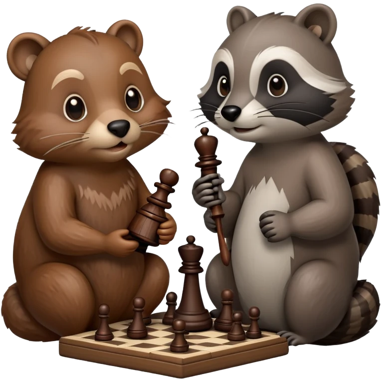 A detailed emoji of a beaver and a raccoon sitting at a chessboard, intensely focused on the game. The beaver has a thoughtful expression, holding a chess piece, while the raccoon looks mischievous, ready to make a move. emoji