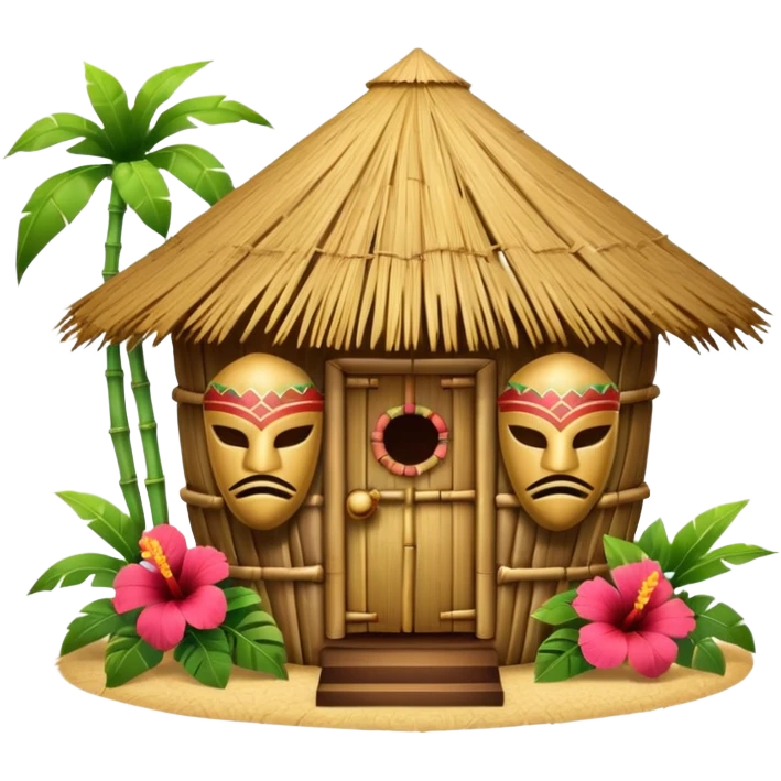 Hawaiian tiki hut house, round tropical hut, bamboo details, thatched roof, tiki masks decoration, hibiscus flowers, cute mobile game icon, 3D cartoon, clean background, no text emoji