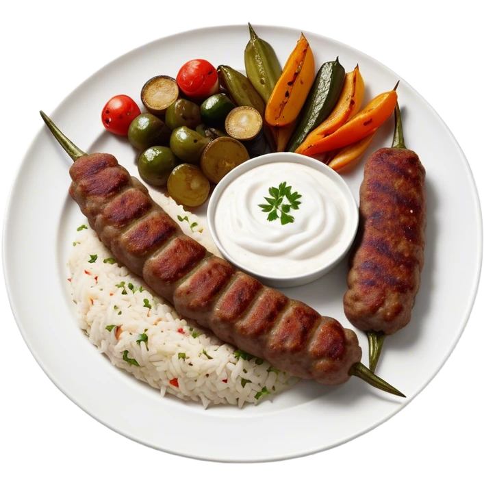 Cinematic Realistic image of a long, hand shaped Turkish Köfte, rendered with richly spiced meat textures and subtle grill marks, artfully arranged on a traditional Turkish ceramic plate alongside classic sides such as a serving of aromatic pilaf, crisp grilled vegetables, and a dollop of creamy yogurt, all bathed in warm, appetizing lighting that emphasizes its savory allure. emoji