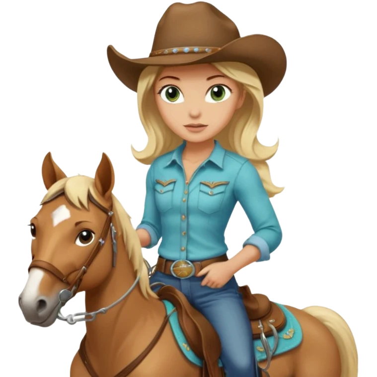 one blonde with light blue green eyes cowgirl on a quarter horse emoji
