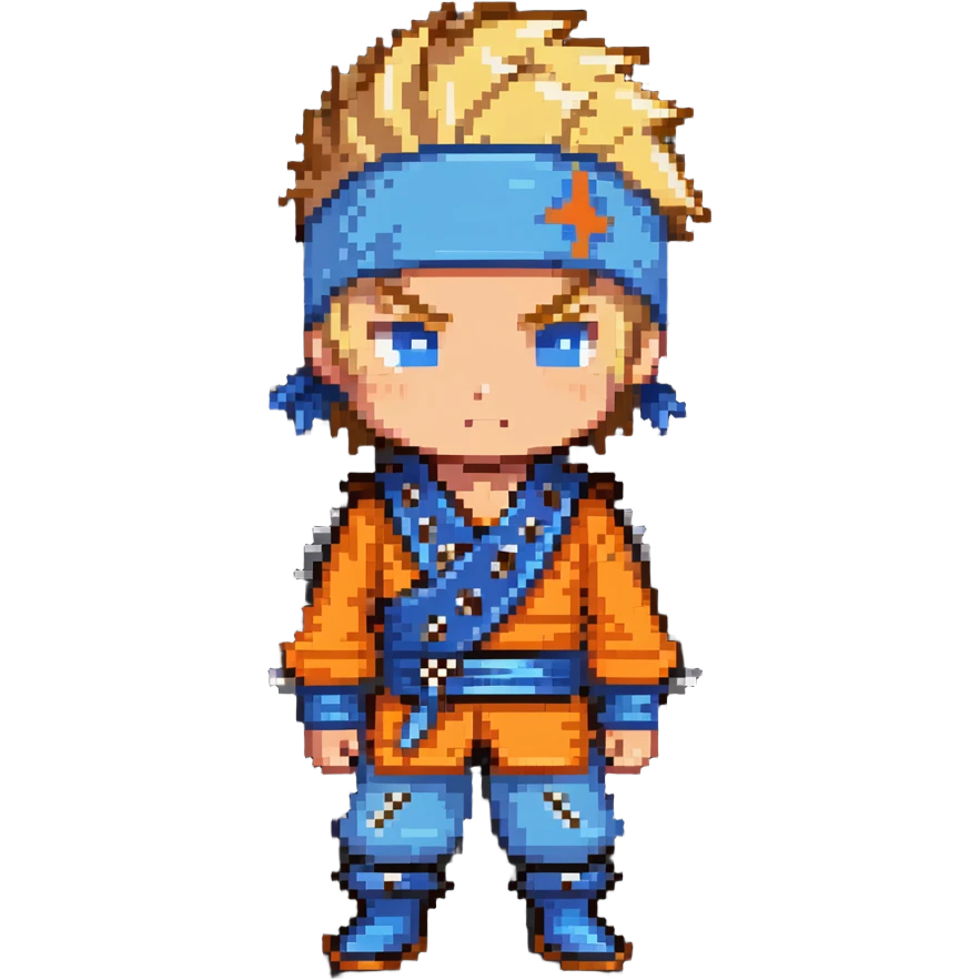 A blonde ninja boy with spiky hair, whisker marks on cheeks, orange outfit, and blue headband with metal plate emoji