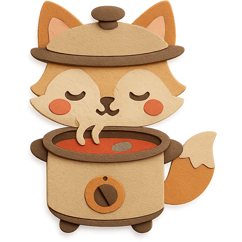 chibi slow cooker-fox hybrid, simmering soup, cute sleepy face, soft beige, full-body emoji