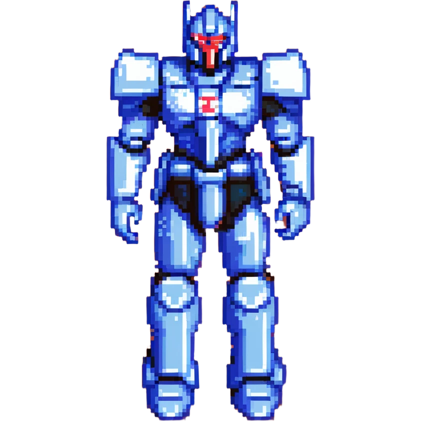 Nemesis Prime standing pose, pixel art, metallic blue and black armor, red highlights, retro video game look emoji