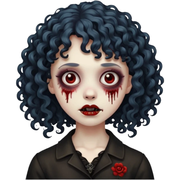 Faça um emoji de zumbi mulher, cabelo cacheado e franja cacheada, deixe ele com a estética meio gothic emoji