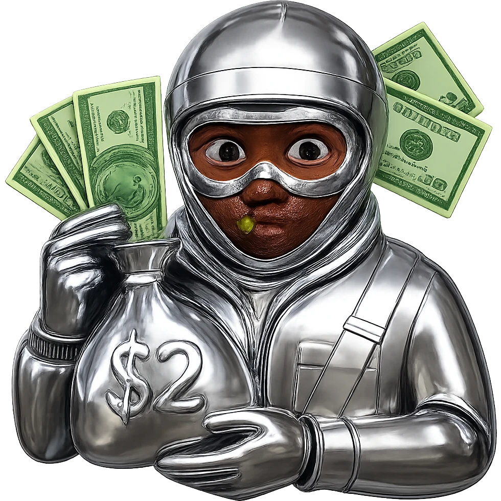 Edit the image to make the face brown and the money green, keep everything else in chrome 3D metallic style. Remove the background. emoji