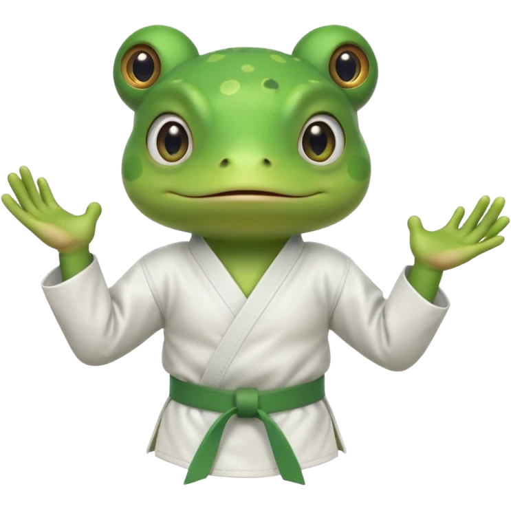 cute frog doing karate portrait, head and shoulders only, wearing white gi uniform, green belt visible, funny serious face, 3D cartoon, mobile game icon style, clean background, no text, no watermark
 emoji