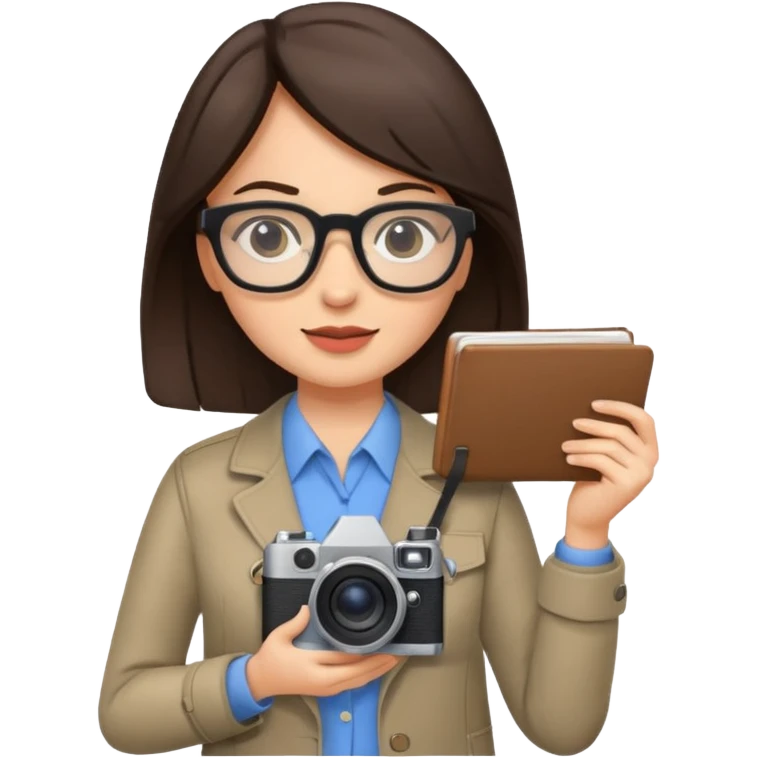 journalist brunette woman with glasses holding camera and notebook emoji