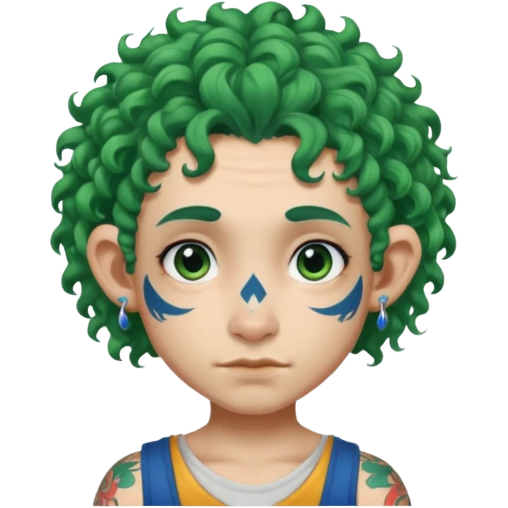 green curly  haired heavy blue tattooed big head accessory big nose mid size ear young emoji