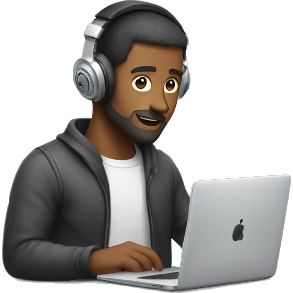 man in headphones talking hold laptop and phone only upper part of body  emoji