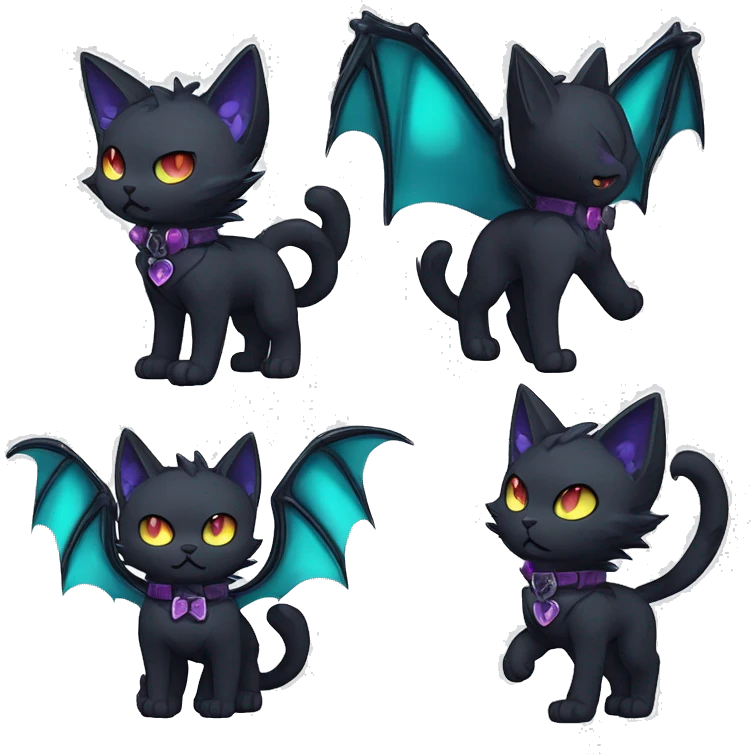   cool edgy kawaii anime ethereal dark-punk-themed animal vampiric cat-hybrid Fakemon with fangs and bat-wing-ears with a collar full body emoji
