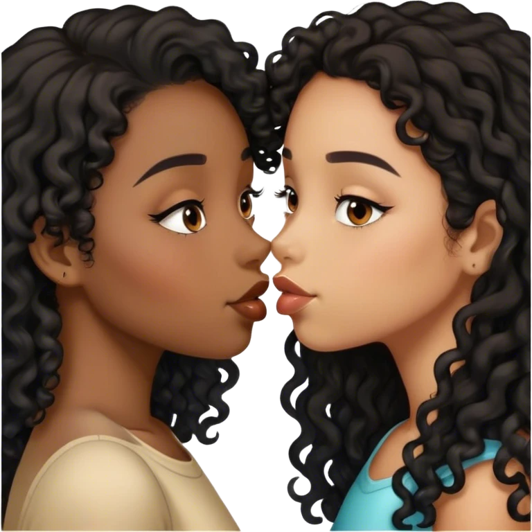 two girls kissing one with brown skin and black curly hair and one with light brown skin and black straightened long hair  emoji